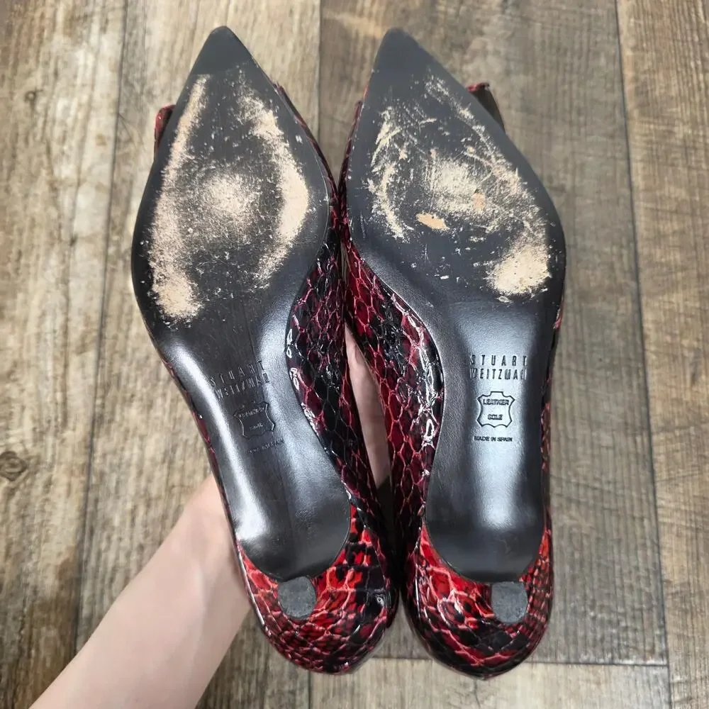 Stuart Weitzman Red Snake Print Pumps 7.5 M Kitten Heel Buckle Pointed Toe Y2K